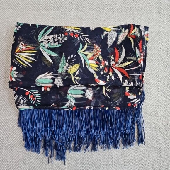 Soul Young Navy Blue Floral Fringed Shawl Cover Up Duster Bohemian Rocker EUC - Picture 11 of 11